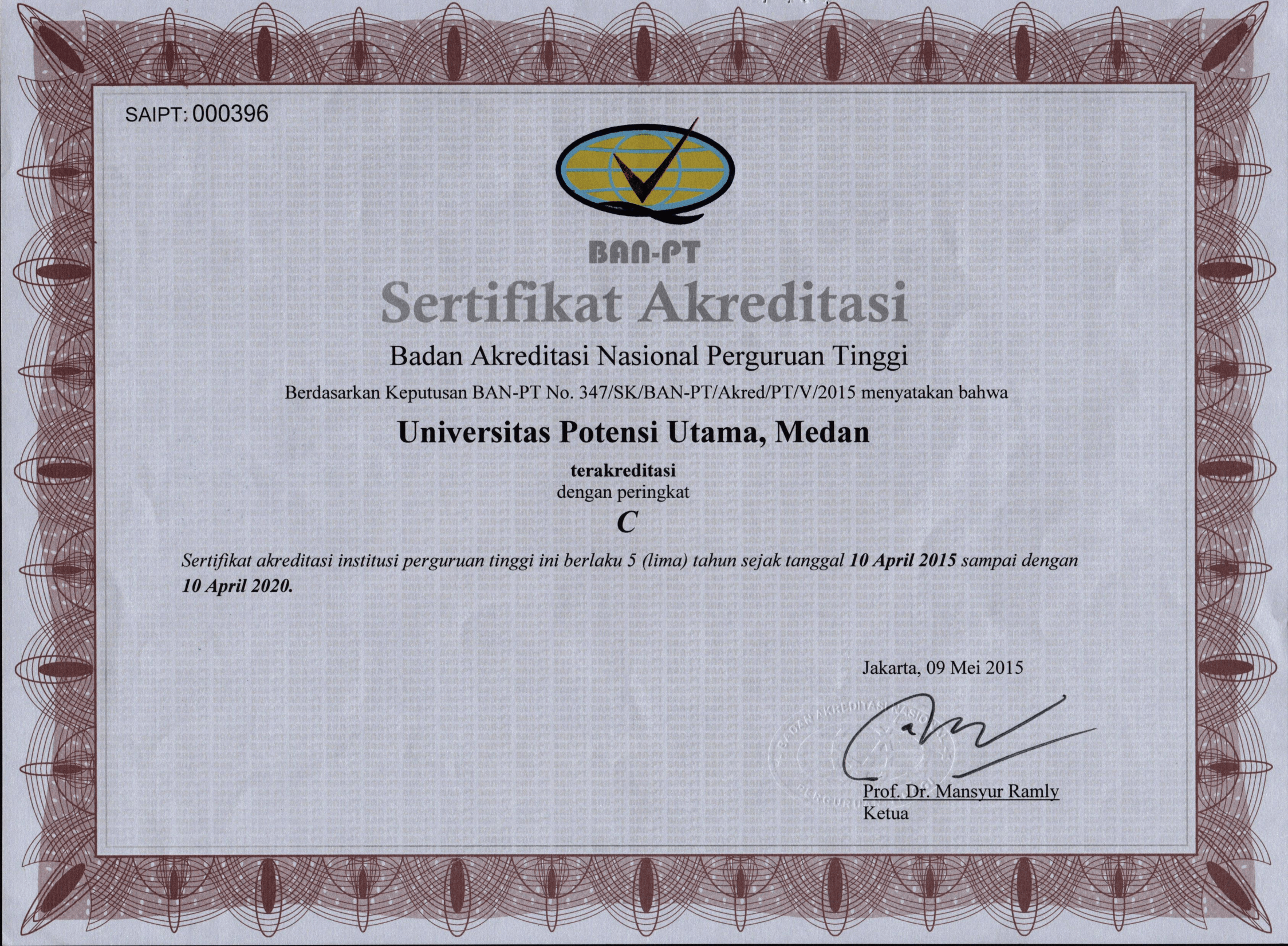 Sertifikat Akreditasi Universitas Tahun 2015 - 2020